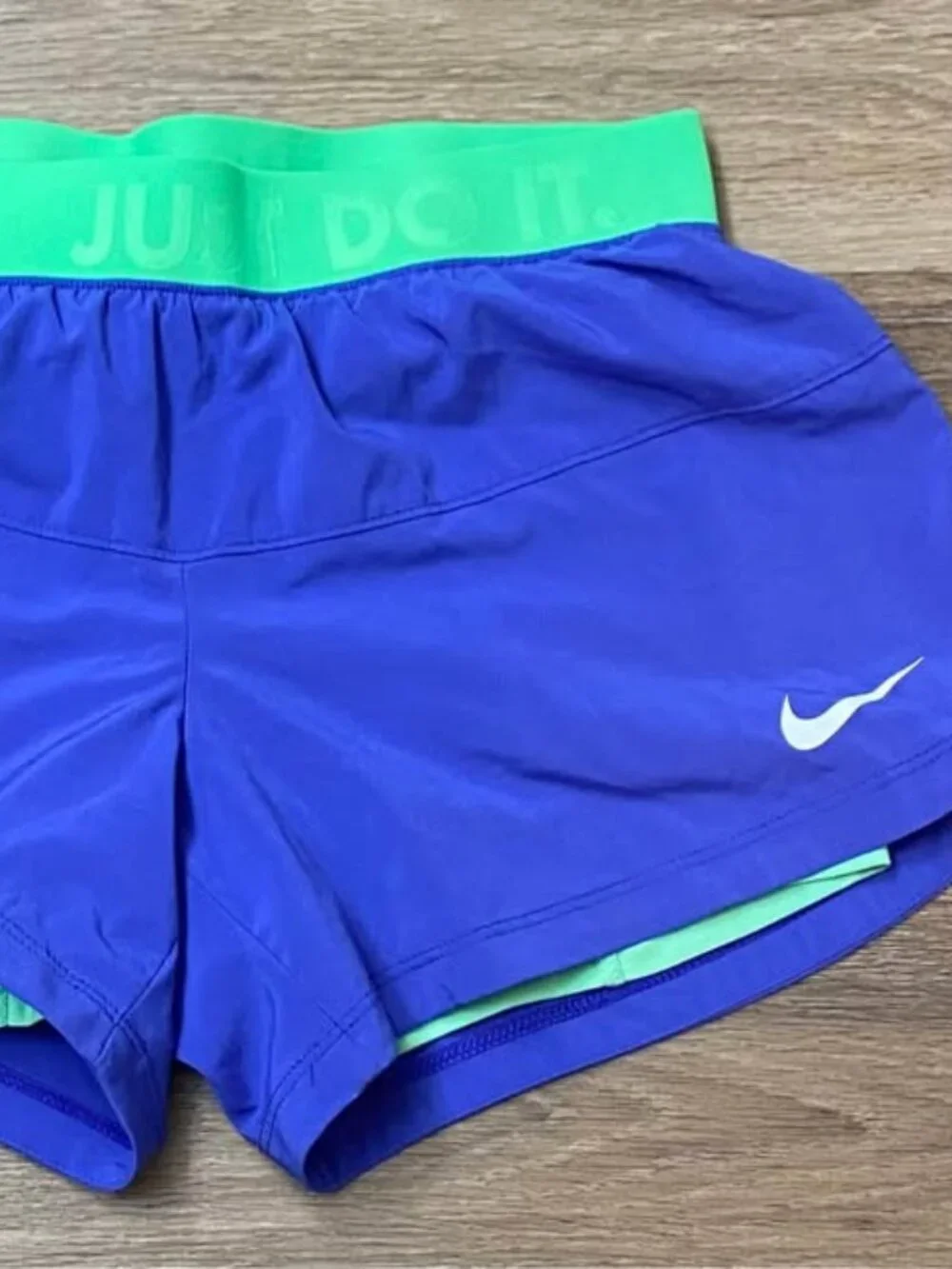 Nike Dri-FIT Icon Two-in-One Mid-Rise Athletic Shorts Purple & Lime Green Women’